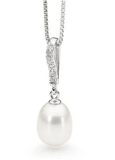 STERLING SILVER CUBIC ZIRCONIA SET FRESHWATER PEARL PENDANT & CHAIN