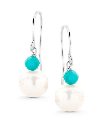 STERLING SILVER FRESWATER PEARL & AMAZONITE EARRINGS