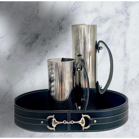 FLUTED JUG WITH BLK LEATHER HANDLE