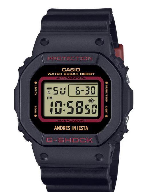 CASIO is proud to collaborate with Andrés Iniesta, known as one of the greatest midfielders of all time, on a signature watch that captures his impressive achievements and valiant figure in every aspect of its design.  We begin with the DW-5600, a G-SHOCK icon, and introduce bio-based resin for the black bezel and band accented with dark red, Iniesta’s signature colour. The number “8” is laser engraved on the button at the 8 o’clock position in a nod to his famous jersey number. 