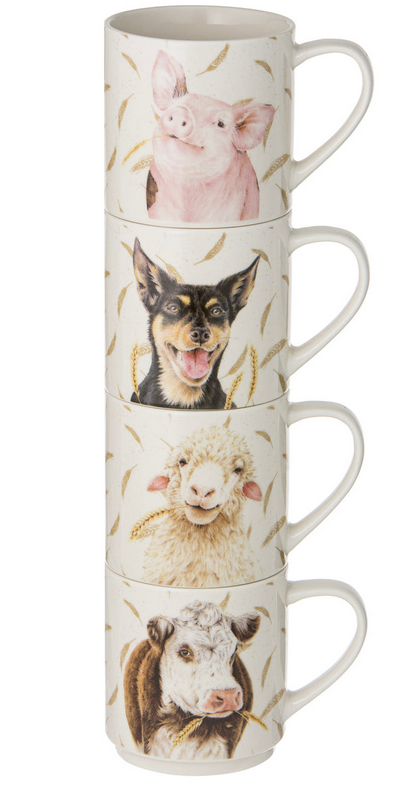 FARMYARD FACES 4PK STACKABLE MUGS