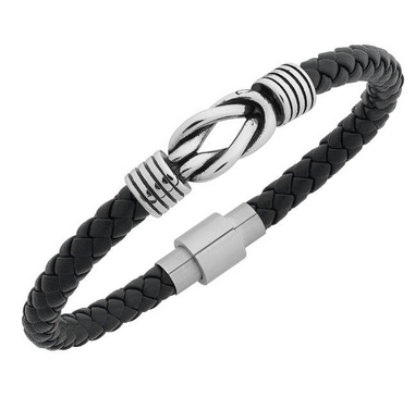 STAINLESS STEEL BLACK LEATHER BRACELET