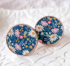 NATALIA NAVY FLORAL STUDS LARGE SILVER